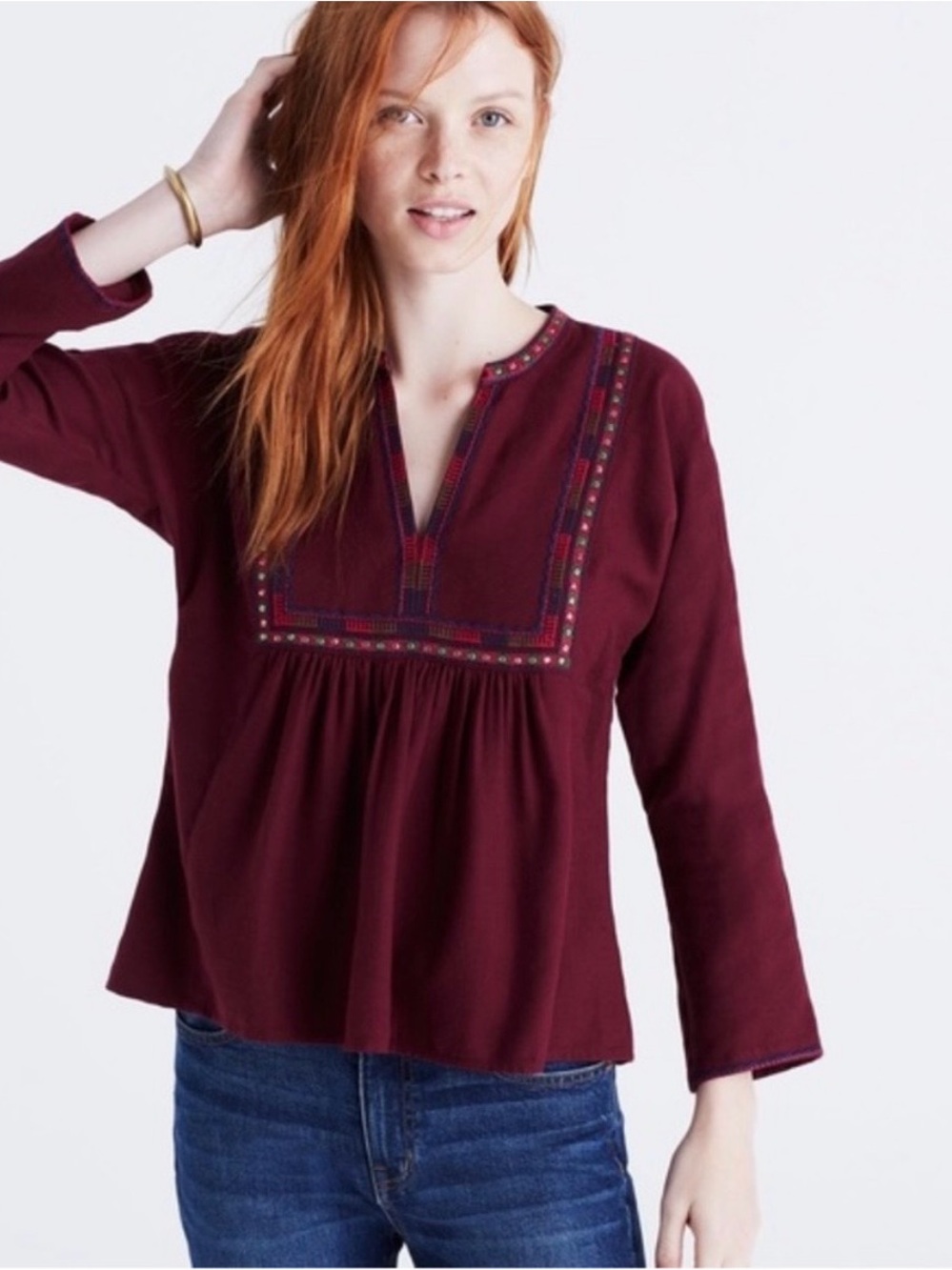 Madewell Embroidered Peasant Blouse Burgundy Boho Cotton Wool Blend Top M